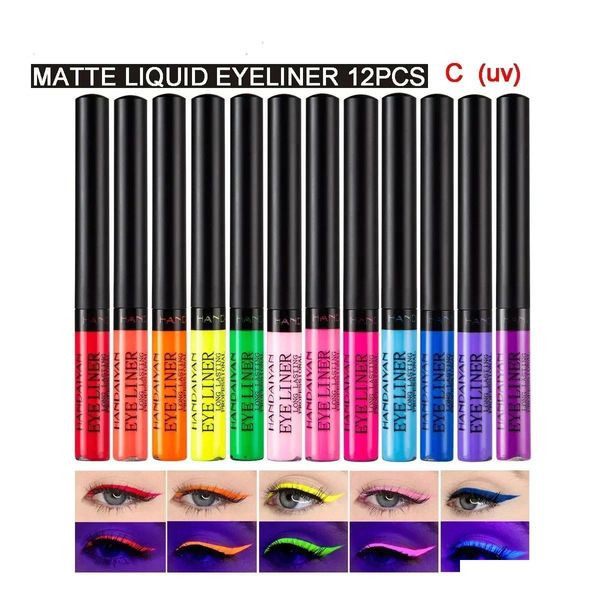 Combinaison ombre à paupières / doublure 12pcsbag UV Light Neon Eyeliner Pen Coloré Liquide Crayon Liner imperméable Mince Blanc Brun Rouge Maquillage 24 Otnqv