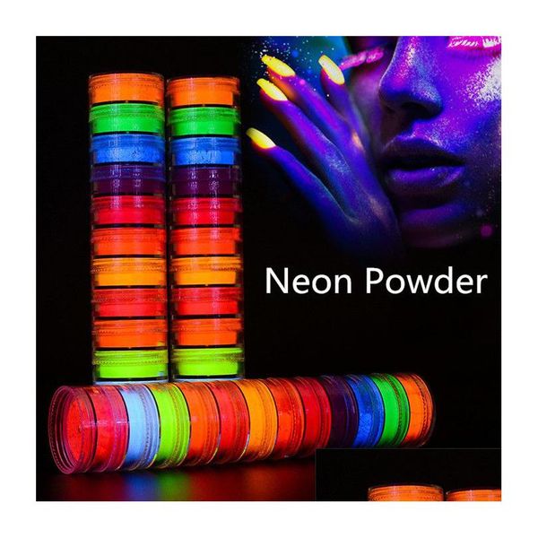 Sombra de ojos Neon Party Powder 12 colores en 1 juego Luminous Eyeshadow Nail Glitter Pigmento Fluorescente Manicure Nails Art Drop Delivery Dhnuq