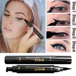 OogschaduwLiner-combinatie 2 in 1 eyeliner-stempel Dubbelzijdig vloeibaar potlood Waterdichte afdichtingspen Sneldrogende driehoekige voering 230911