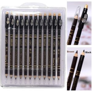 Wenkbrauwversterkers 12 stks / partij Double-end wenkbrauwpotlood 2 in 1 bruin zwart wenkbrauw met puntenslijper waterdichte eyeliner pen make-up cosmetisch 231030