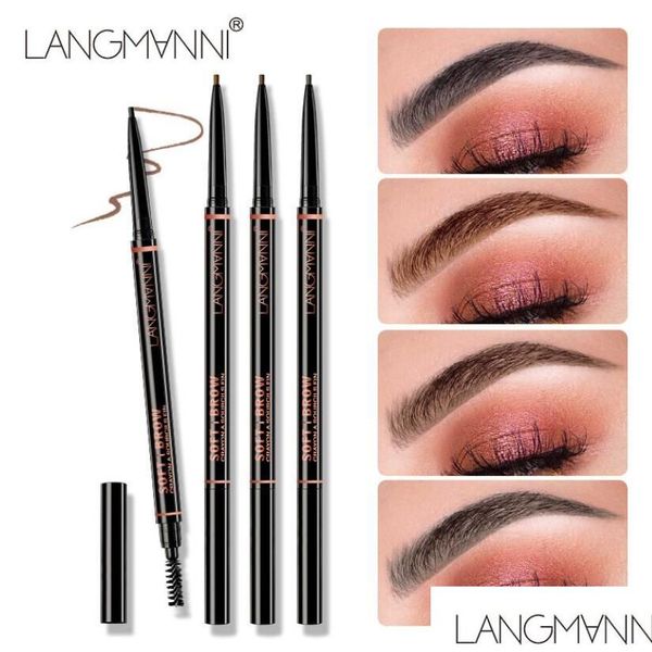 Améliorateurs de sourcils Langmanni Maquillage Skinny Brow Crayon Or Avec Brosse 4 Couleur Ébène / Moyen / Doux / Foncé / Chocolat Drop Livraison Santé Dhjok