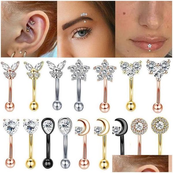 Bijoux à sourcils 16G Piercing à sourcils Rook Boucle d'oreille Daith Snug Ring Courbe Barbell Tragus Stud Forward Helix Piercings Cartilage Jewelr Dh4D5