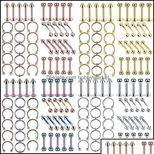 Bijoux à sourcils Bijoux à sourcils Corps 40pcs en acier chirurgical BK Nez Langue Bar Labret Piercing Set Horseshoe Ring Lot Pack Drop Delivery Dh7Qa