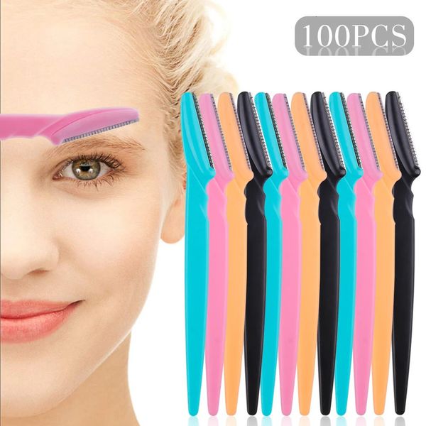 Recortador de cejas 100 Uds. Cuchillas de cuchillo para cortar cejas, afeitadora para mujeres, recortador facial, depilación, cortadores de cejas, herramientas de maquillaje de belleza de seguridad portátiles 231017