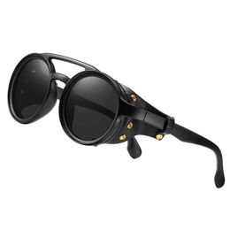 Eyecrafters – lunettes de soleil rondes rétro Steampunk avec protections latérales en cuir pour hommes et femmes, lunettes de styliste Vintage à la mode
