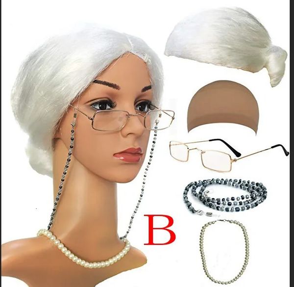 Cadenas de anteojos Conjunto de disfraz de cosplay para anciana, gorro de peluca con gorro tejido, anteojos, cuentas de perlas, collar, pendiente para fiesta de Halloween 30 231204