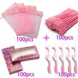 Faux-cils 4 en 1, 50/100 pièces, sac d'emballage de cils en vrac, boîte rose de couleur scintillante brillante avec brosses et pincettes à cils