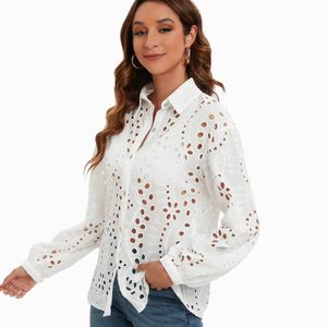 Oeylet Broidered Shirt White Lace Blouse Hollow Out Fit Top Top Wear Womens Summer Clothing 240407