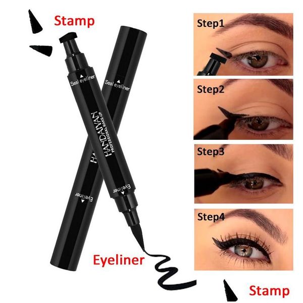 Delineador de ojos 2 en 1 Delineador de ojos con alas Sello de lápiz Perfecto Ojo de gato Vamp Líquido Negro Quick Flick Wingliner Plantilla impermeable Ala Larga Última Dh1Na