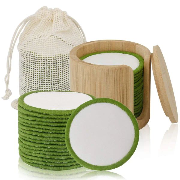 Eyeliner Bamboo Cotton Makeup Remover Tampons réutilisables, Tabins biologiques 20 Pack Washable Rangement Jar Bagure de blanchisse