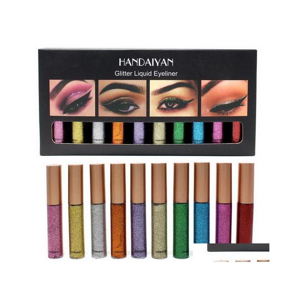 Delineador de ojos Handaiyan Glitter 10 Piezas Delineadores de ojos líquidos de colores Conjuntos Lentejuelas Perla Brillante Maquillaje Delineador de ojos Caja Entrega de gotas Salud Beau Dhlnw