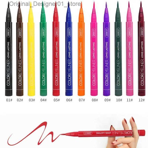 Delineador de ojos QIBEST 12 colores Delineador de ojos Líquido Impermeable Fácil de usar Maquillaje Mate Encantador Delineador de ojos Azul Rojo Verde Dorado Marrón Delineador de ojos Plumas Q240119