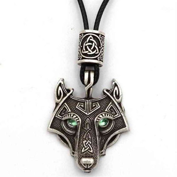 Ojos Lobo verde colgante Vegvisir Valknut runas cuenta vikingo joyería collar hombres amuleto pagano talismán Drop12078