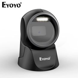 Escáner de código de barras de escritorio Eyoyo 1D 2D con escaneo de detección automática omnidireccional USB con cable manos libres lector de pantalla de código QR 240318