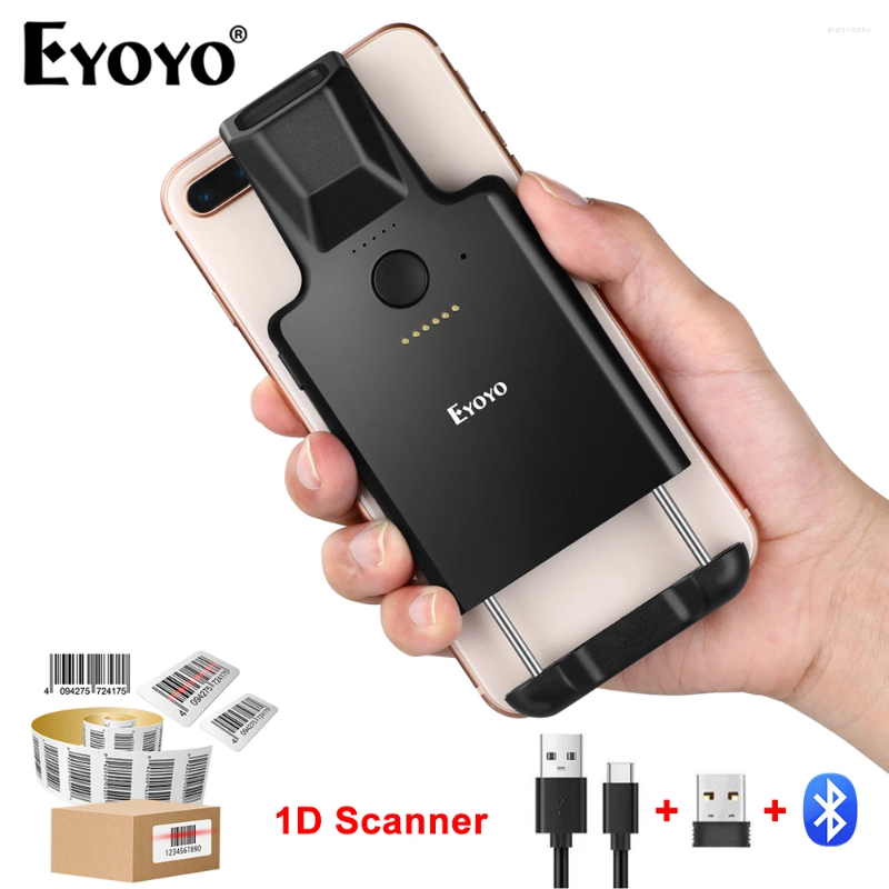 Eyoyo 1D Back Clip-on Bluetooth Streckkodscanner fungerar med telefon bärbara streckkoder Läsare Kompatibla Android iOS Windows