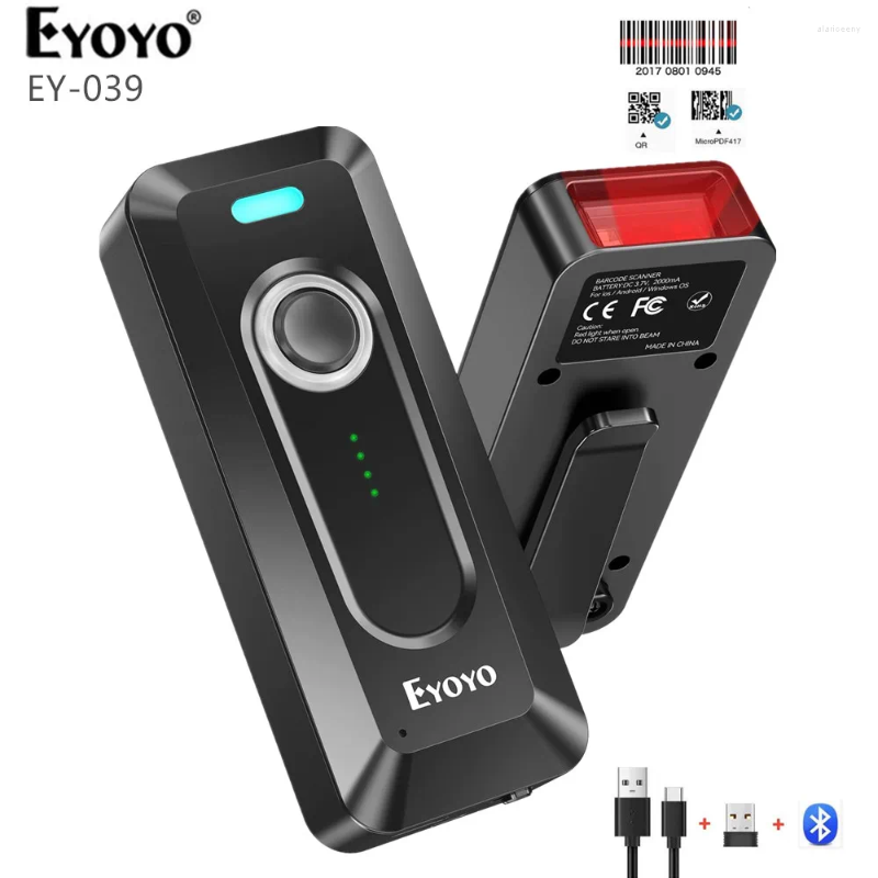 Eyoyo EY-039 2D Bluetooth Barcode-Scanner kabellos mit Clip 2000 mAh Batteriestandsanzeige tragbarer Mini-QR-Barcode-Leser