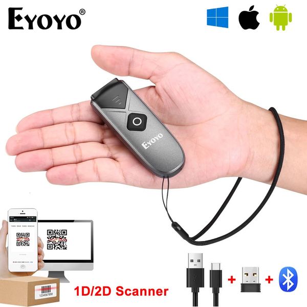 Eyoyo Mini portátil 1D 2D Bluetooth Escáner de código de barras Pantalla de código QR Lector de imágenes PDF417 Matriz de datos USB Escaneo con cable 24G Dongl 240318