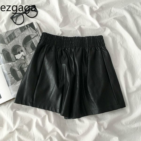 Ezgaga Biker Shorts Mujeres Otoño New New Black Cintura Alta PU Cuero Punk Style Elastic Flow Wide Leg Moda Shorts Streetwear 210430