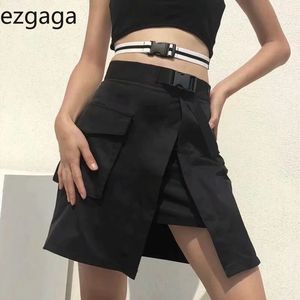 Ezgaga Cargo Jupes Femmes Taille Haute Casual A-ligne Sexy Jupe Courte Poches Split Mini Jupes Harajuku Mode Hip Hop D'été 210430