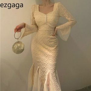 Ezgaga elegante zeemeermin jurk vrouwen lange mouw mesh herfst winter v-hals mesh patchwork bead party jurk sexy vestidos feminino 210430