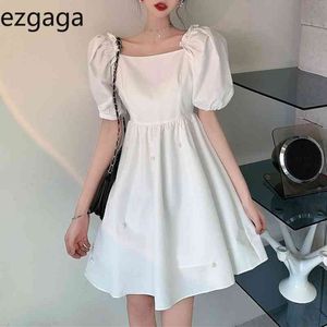 Ezgaga élégante manches courtes manches perles femmes robe col carré cols été nouveau solide taille haute taille coréenne robes 210430