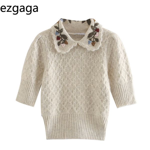 Ezgaga Broderie Floral Turn-Down Col Pull Femmes Trois Quarts Manches Pull Automne Mode Tricot Tops Sweet Jumper 210430