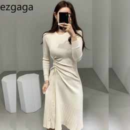 Ezgaga Franse stijl elegante gebreide trui jurk vrouwen solide trekkoord lace up base dames bodycon jurk temperament vestidos 210430