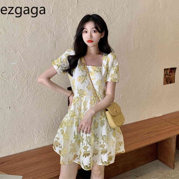 Ezgaga estilo francés vestido floral mujeres verano nueva moda manga corta cintura delgada cuello cuadrado vestido de bola dulce mini vestido 210430