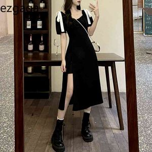 Ezgaga Style Français Vintage Chic Robe Sexy Femmes Été Nouveau Col En V À Manches Courtes Faux Deux Solit Ruban Bow Robe De Fête De Mode 210430