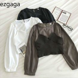 Ezgaga Estilo francés Mujer Camisas Patchwork Falso Dos Vintage Elegante Crop Tops O-cuello Manga larga Slim Ladies Shirts Sweet 210317