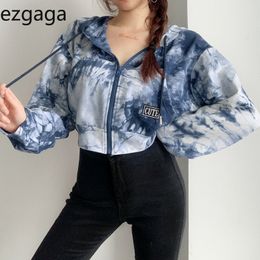 Ezgaga Hoodies Femmes Zip-up Encre Peinture Tie Dye Lettre Broderie Automne Sweat All-Match Loose Girl Tops Survêtement Casual 210430