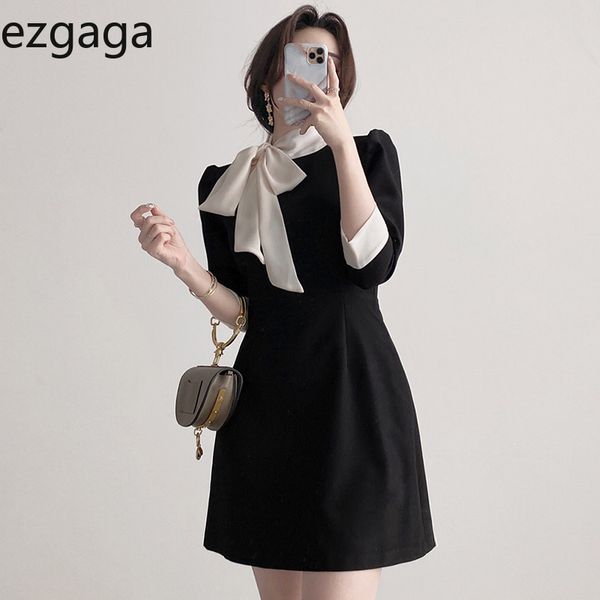 Ezgaga coréen chic élégant contraste bureau dame robe ruban arceau trois quart manches minces noires hautes robes pour femmes 210430