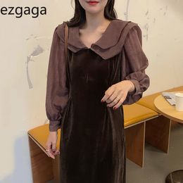 Ezgaga Koreaanse chic undefined vrouwen jurk vintage lange lantaarn mouw dubbele Peter Oan kraag patchwork velor elegante jurk 210430