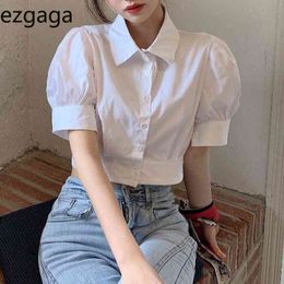 Ezgaga moda coreana solapa Puff manga mujer blusa sólido Chic verano nuevo Simple elegante Crop Tops todo-fósforo camisas blancas 210430