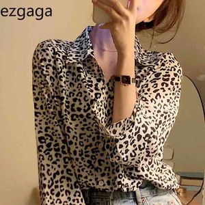 Ezgaga luipaard shirts vrouwen vintage lange mouw lente losse Koreaanse elegante chic office dame blouse mode blusas 210430