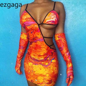 Ezgaga Nieuwe Punk Rave Jurk Dames V-Hals Sexy Holle Bodycon Jurk Backless Handschoenen Tie Dye Print Jurken Club Gothic Fashion 210430