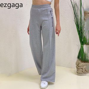 Pantalon Ezgaga pour femmes Automne Mode Baggies Lettre Imprimé Taille Haute Pantalon de survêtement Stretch Pantalon à jambes larges Gris Streetwear 210430