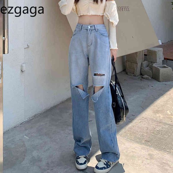 Ezgaga déchiré trou jean femmes Streetwear été nouvelle taille haute Demin Long pantalon mode coréenne droite survêtement tout match 210430