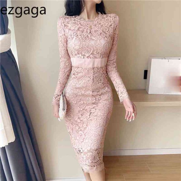 Ezgaga Sexy robe moulante femmes dentelle Patchwork à manches longues taille haute printemps mode coréenne fête élégante robe Vestidos 210430