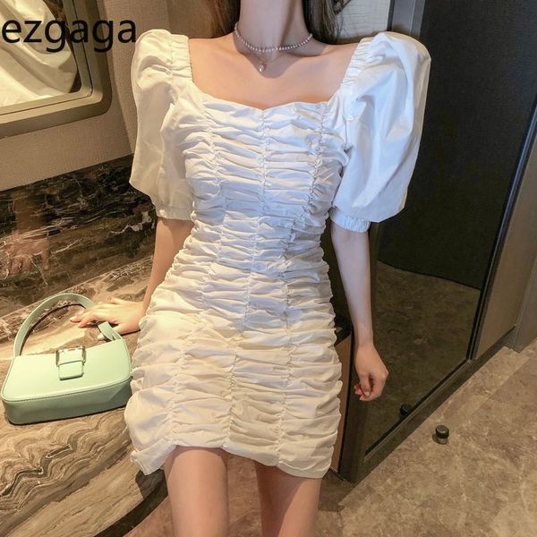Ezgaga Sexy robe moulante femmes manches courtes bouffantes printemps irrégulier froncé élégant doux solide dames robe élégante robes 210430