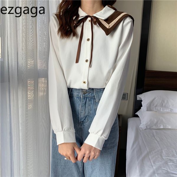 Ezgaga camisas mujeres moda coreana encaje hasta bowknot manga larga chal removible preppy estilo señoras blusa suelta casual blusas 210430