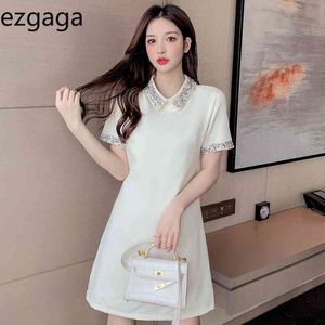 Ezgaga été Simple perlé revers Mini robe bureau dame à manches courtes mode coréenne lâche une ligne élégante femmes robes Chic 210430