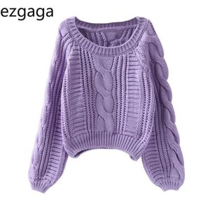 Ezgaga Trui Dames Herfst Winter Koreaanse Mode O-hals Lantaarn Mouw All-Match Pullover Warm Uitloper Knit Tops Vrouwelijke Jumper 210430