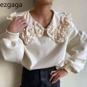 Ezgaga Sweatshirt Vrouwen Koreaanse Chique Vintage Turn-Down Kraag Geplooid Losse Uitloppen Sweatshirt Elegante Bloem Pullover Casual 210430