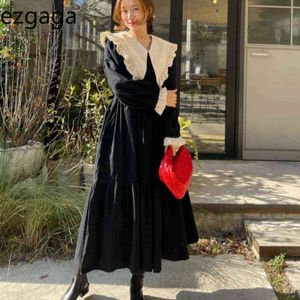 Ezgaga Sweet Dress Lange mouw Peter Pan Kraag Elegant Kantoor Dames Koreaanse stijl A-lijn Losse Lente Feestjurk Vestidos Y1204