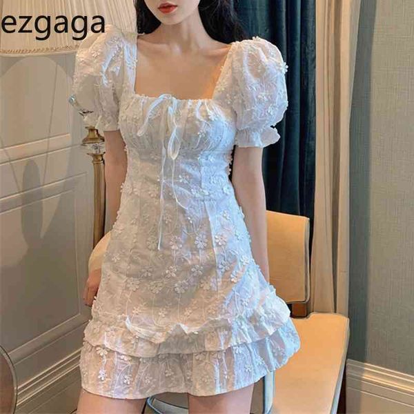 Ezgaga Sweet Flower Bandage Robe Femmes Courtes Manches Bouffantes Col Carré Taille Haute Coréen Stretch Fille Robe Élégante Robes 210430