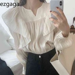 Ezgaga Sweet Women Blouse Koreaans Chic Spring Tender Elegant Ruched Patchwork Losse Solid Puff Sleeve Ladies Shirts Mode 210430