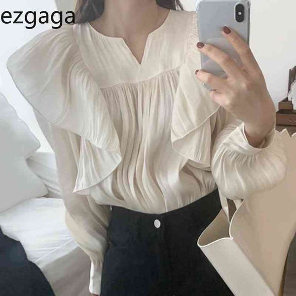 Ezgaga doux femmes Blouse coréen Chic printemps tendre élégant ruché Patchwork lâche solide manches bouffantes dames chemises mode 210430