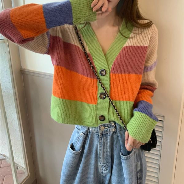 Ezgaga Tender Rainbow Pull Femmes Stripe Mode Coréenne Col En V À Manches Longues Crop Tops Sweet Girl Tricoté Cardigan Femme Casual 210430