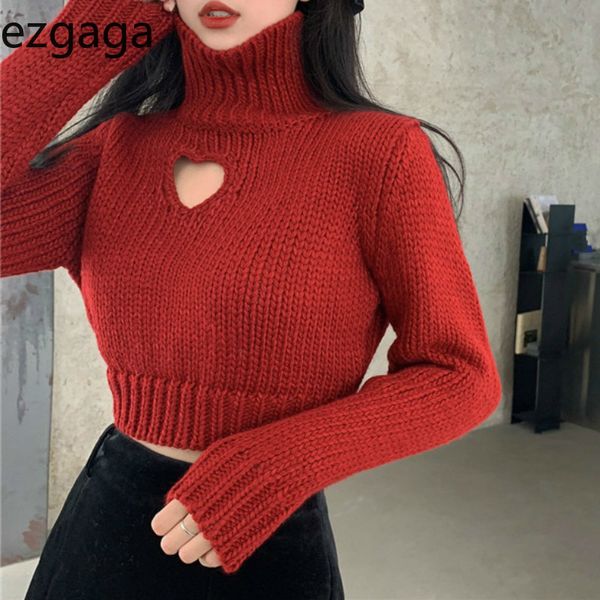 Ezgaga Turtleneck Love Hollow Out Pull Jumper Femmes Mode Hiver Coréen Tricoté Crop Tops Dames Pull Sexy Streetwear 210430